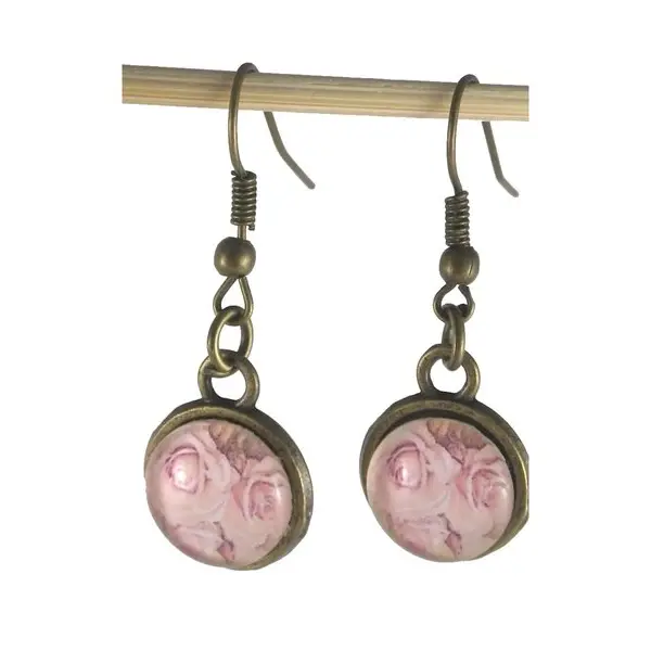 Boucles d'oreilles bronze et cabochon fleur de roses