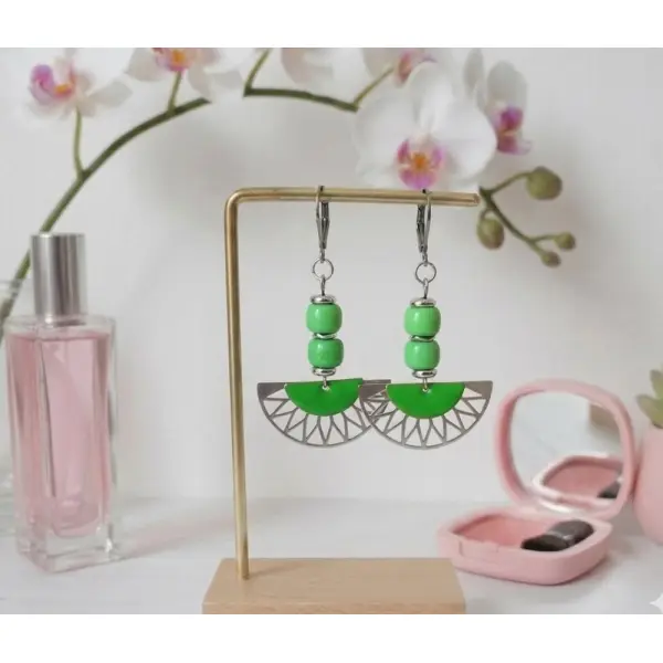 Boucles d'oreilles acier inoxydable et sequin émail vert