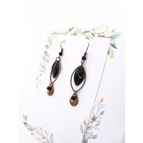 Boucles d’oreilles noir et bronze, boucles pendantes graphiques, idée cadeau