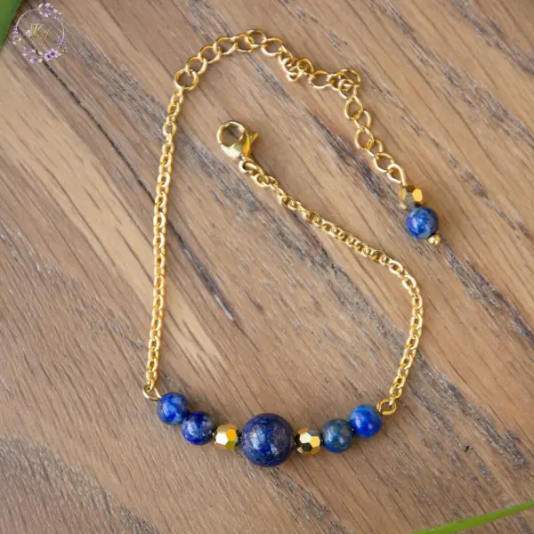 Bracelet "bleu céleste" code : destock50 acier inox et lapis lazuli 14,5 cm bijoux femme assembler mains (a520)