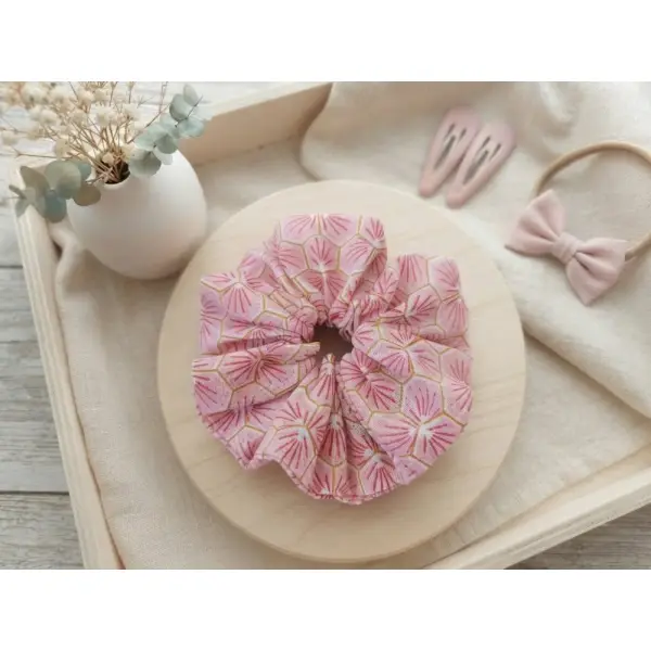 Chouchou fille coton rose motifs géométriques