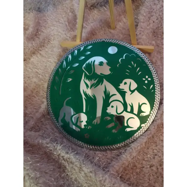 Décoration murale ronde 20 cm en vinyle vert - famille chiens