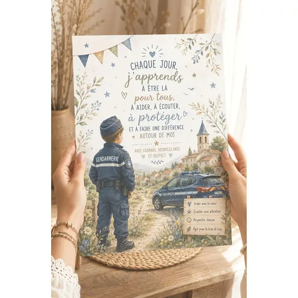 Affiche enfant gendarme personnalisée – courage et protection – version française ou anglaise – téléchargement numérique