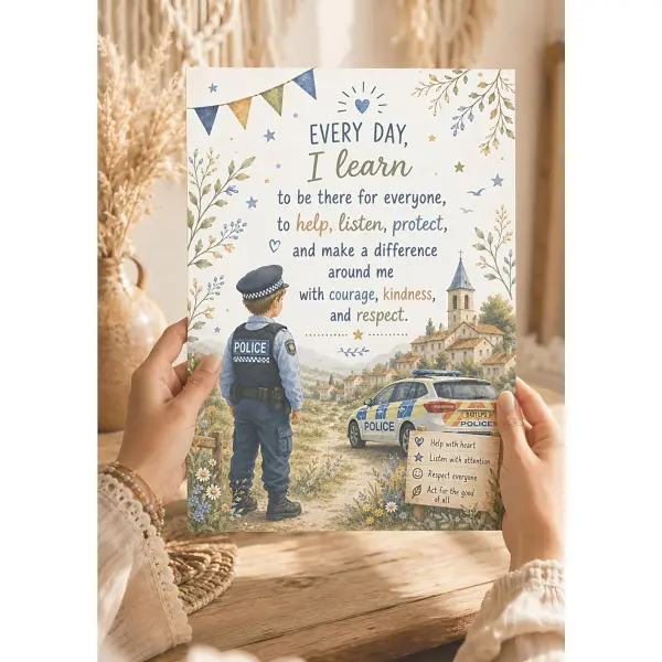 Affiche enfant gendarme personnalisée – courage et protection – version française ou anglaise – téléchargement numérique