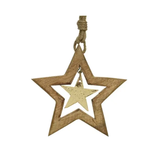 Suspension de Noël en bois : étoile, coloris or - H.30cm
