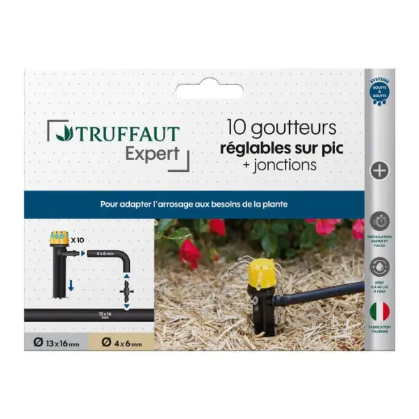 10 goutteurs goutte à goutte réglables sur pic avec jonction 4x6 mm