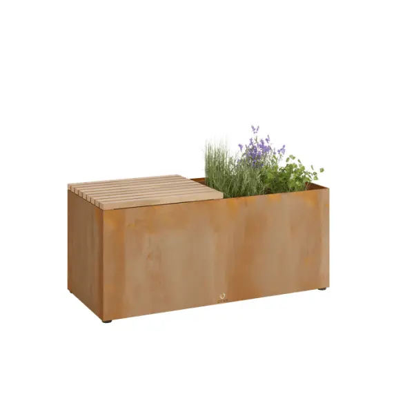 Banc avec jardinière pour plantes aromatiques en acier corten