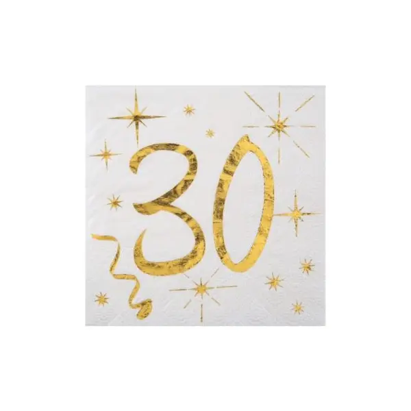 20 Serviettes en Papier Anniversaire - Blanc et Or - 30 ans