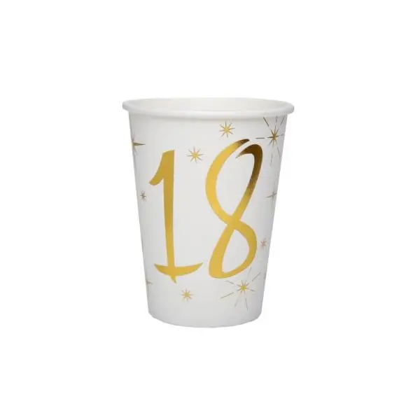 10 Gobelets en Carton Anniversaire - Blanc et Or - 18 ans