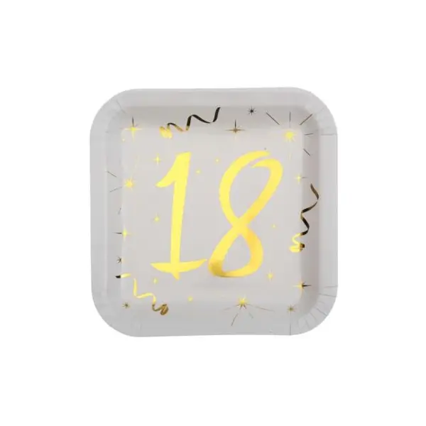 10 Assiettes en Carton Anniversaire - Blanc et Or - 18 ans
