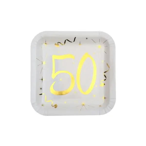 10 Assiettes en Carton Anniversaire - Blanc et Or - 50 ans