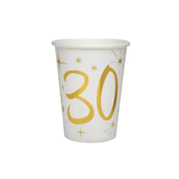 10 Gobelets en Carton Anniversaire - Blanc et Or - 30 ans