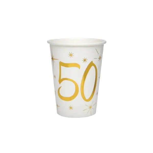 10 Gobelets en Carton Anniversaire - Blanc et Or - 50 ans