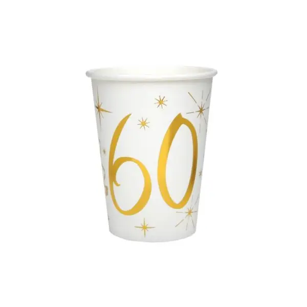 10 Gobelets en Carton Anniversaire - Blanc et Or - 60 ans
