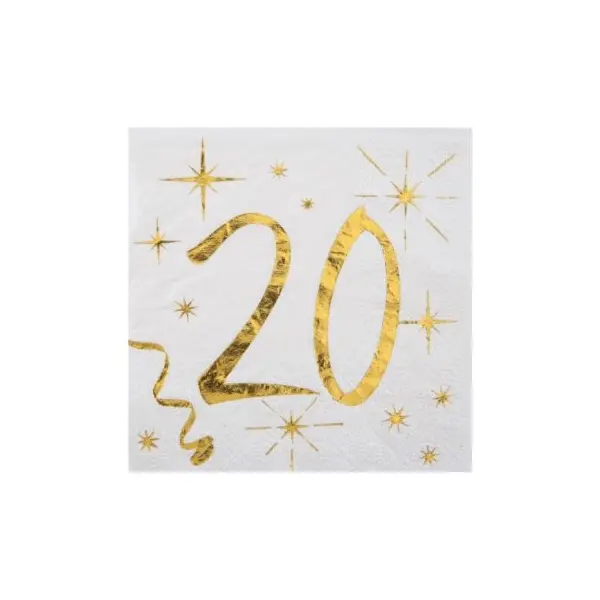 20 Serviettes en Papier Anniversaire - Blanc et Or - 20 ans