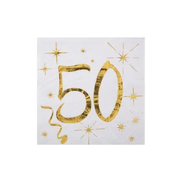 20 Serviettes en Papier Anniversaire - Blanc et Or - 50 ans
