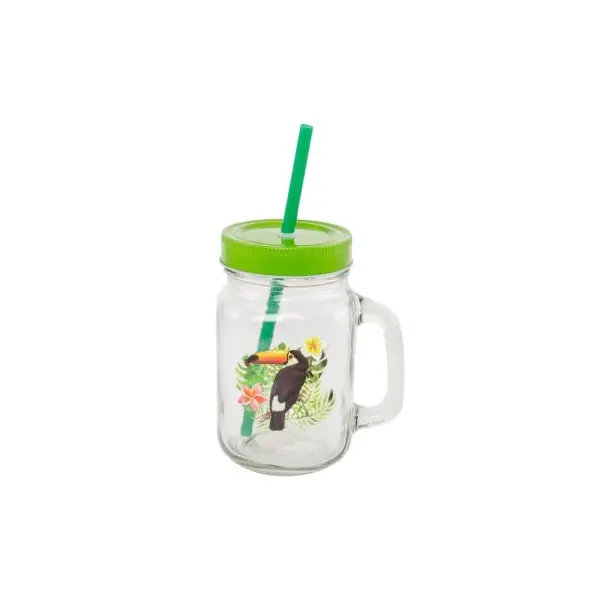 Mason Jar Toucan Vert avec Coucle et Paille
