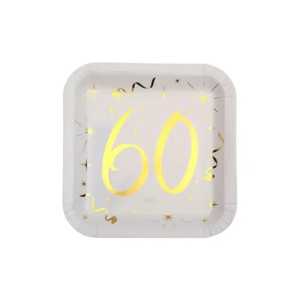 10 Assiettes en Carton Anniversaire - Blanc et Or - 60 ans