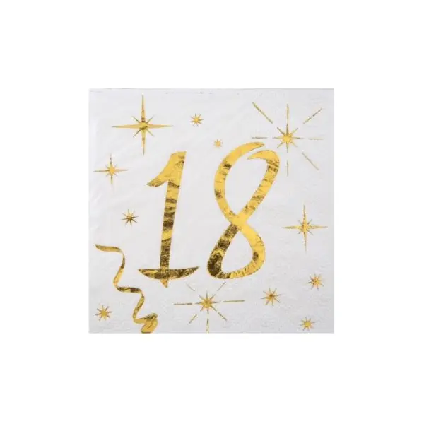 20 Serviettes en Papier Anniversaire - Blanc et Or - 18 ans