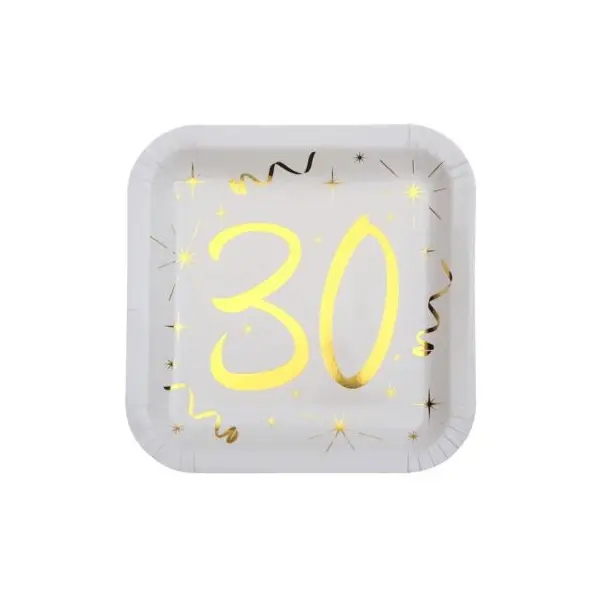 10 Assiettes en Carton Anniversaire - Blanc et Or - 30 ans
