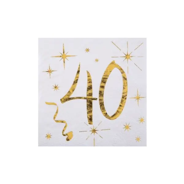 20 Serviettes en Papier Anniversaire - Blanc et Or - 40 ans