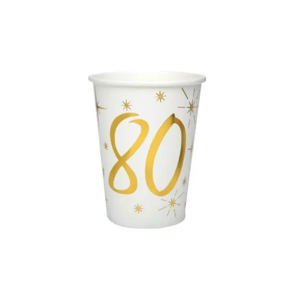10 Gobelets en Carton Anniversaire - Blanc et Or - 80 ans