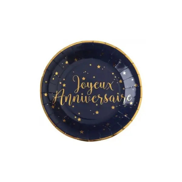 10 Gobelets en Carton "Joyeux Anniversaire" Bleu Marine Métallisé