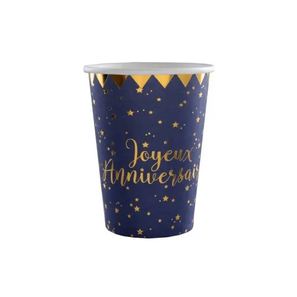 10 Gobelets en Carton "Joyeux Anniversaire" Bleu Marine Métallisé