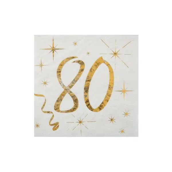 20 Serviettes en Papier Anniversaire - Blanc et Or - 80 ans