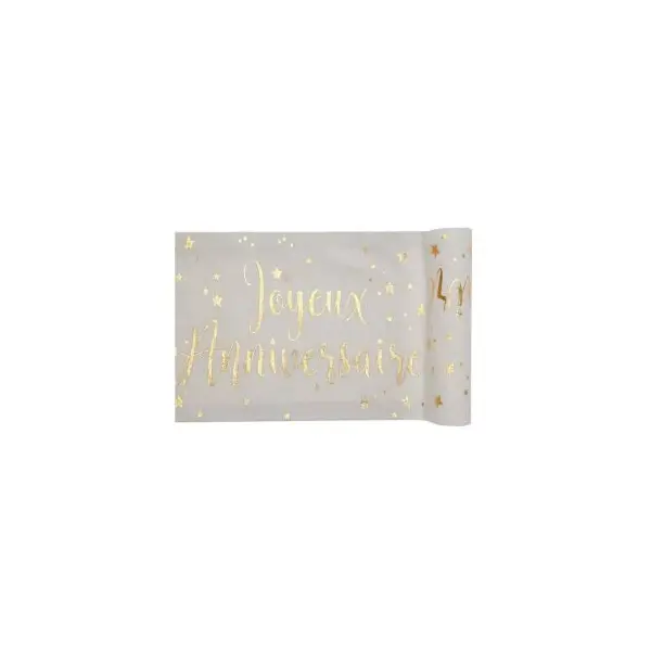 Chemin de Table "Joyeux Anniversaire" - Blanc / Or