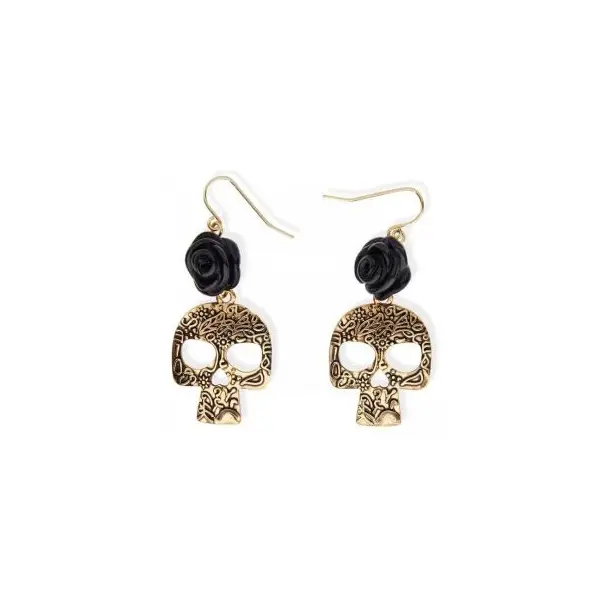 Boucles d'Oreilles - Crâne doré et rose noire