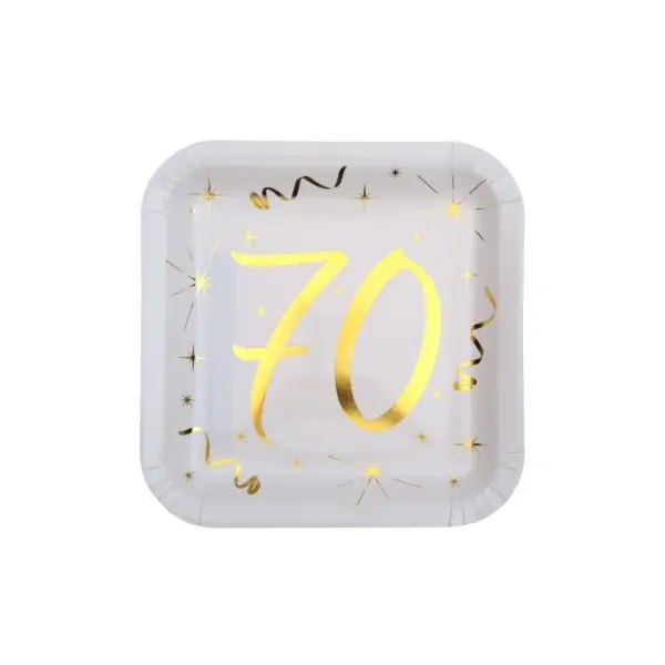 10 Assiettes en Carton Anniversaire - Blanc et Or - 70 ans