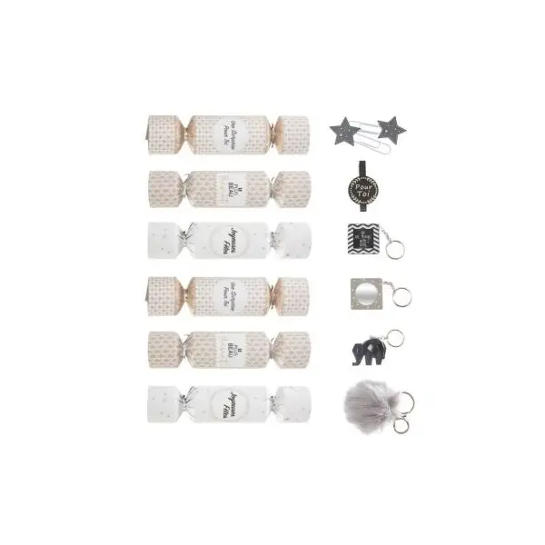 Boite de 6 Crackers de Noël - Beige et Blanc