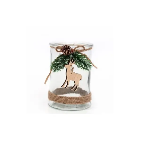 Photophore en verre avec Renne en bois - 14 cm