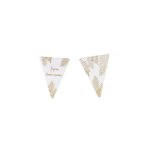 5 Fanions Blancs et Paillettes Or " Joyeux Anniversaire " - Fougère