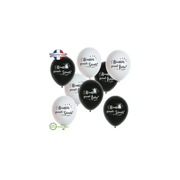 8 Ballons Annonce bientôt Grand-Frère ou Grande-Soeur - Noir & Blanc