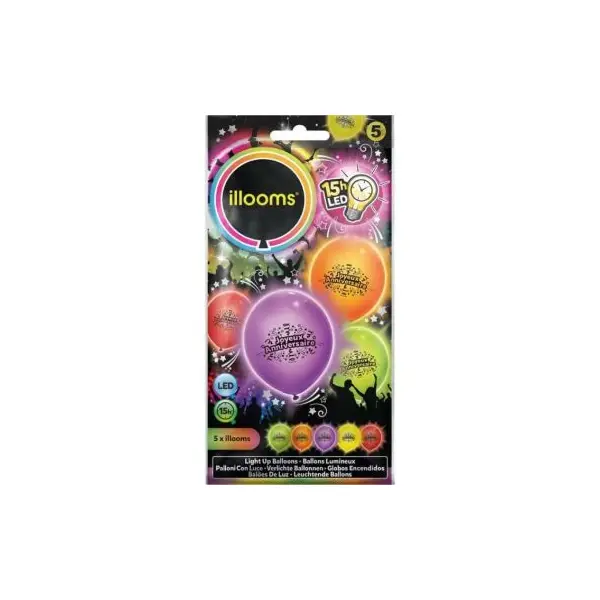 5 Ballons de Baudruche LED "Joyeux Anniversaire" - Couleurs Assorties