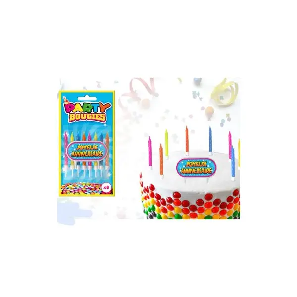 8 Bougies Multicolores et Totem "Joyeux Anniversaire"