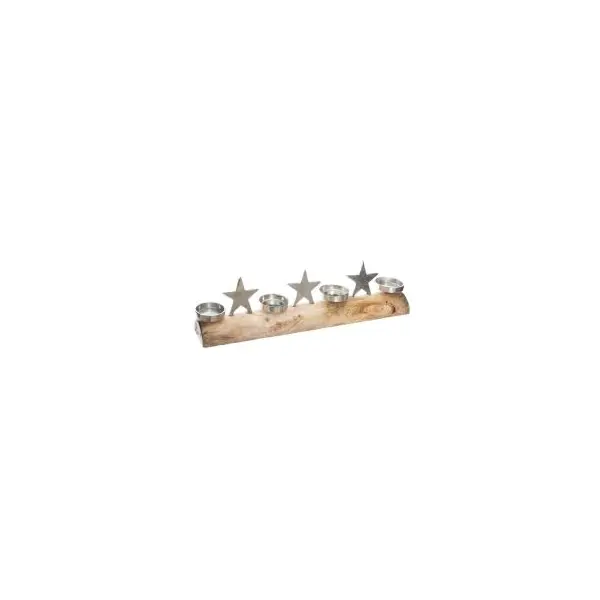 Photophore tronc en bois avec 4 emplacements pour bougies et étoiles en métal - 60 cm