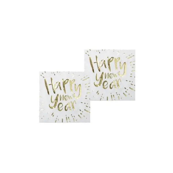 12 serviettes en papier " Happy New Year - Blanc & Or