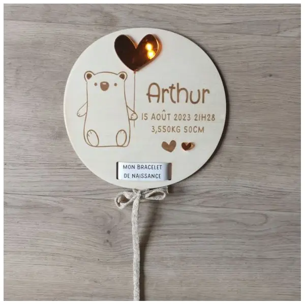 Ballon de naissance en bois et or Ourson avec bracelet de naissance