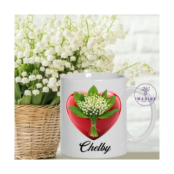 Mug - tasse - sublimation - impression infusible ink - 3d red love hearts - lily of the valley bouquet - muguets - 1er mai
