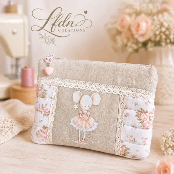 Trousse maquillage fait main souris romantique – coton et lin, dentelle, pièce unique, trousse femme cadeau