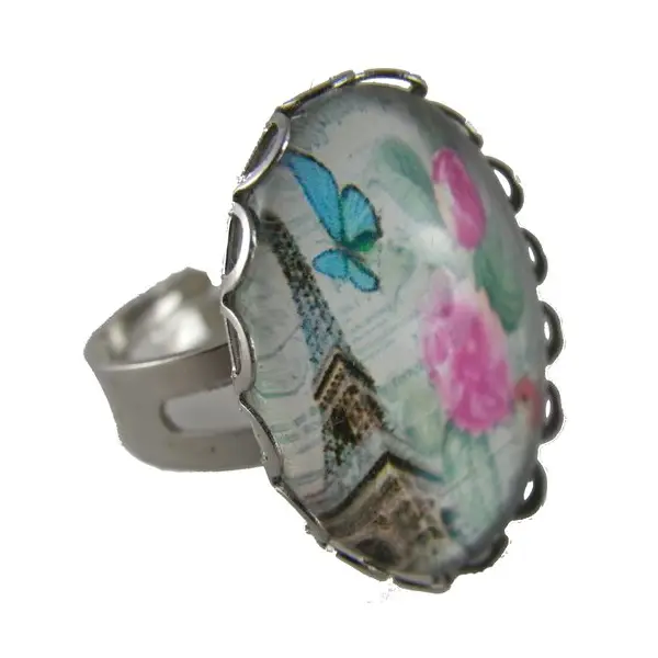 Bague argentée, bleu et rose motif tour eiffel