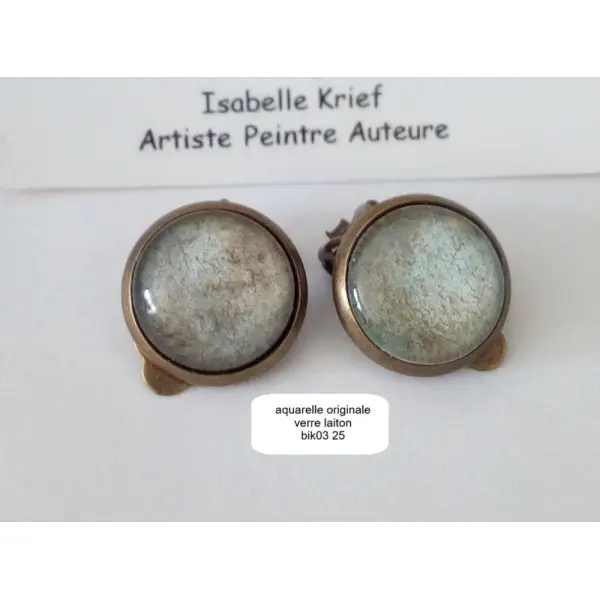 Aquarelle, clips d'oreilles laiton bronze avec cabochons en verre, peinture originale vert beige,bijou boho bobo gothique,cadeau fête