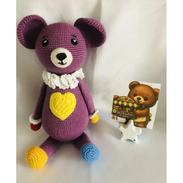Doudou ours violet au crochet, peluche bébé en coton bio fait main les doudous de ghis
