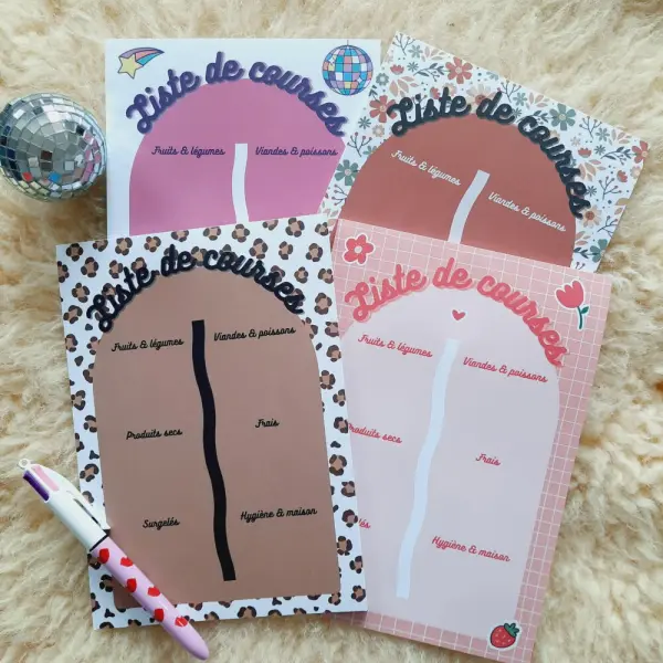 Bloc notes liste de courses léopard / disco / floral / tulipes – organisation cuisine – shopping list