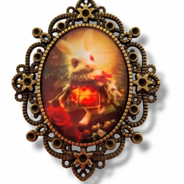 Broche lapin blanc illustration vintage lewis carroll - bijou de bibliothèque victorienne.