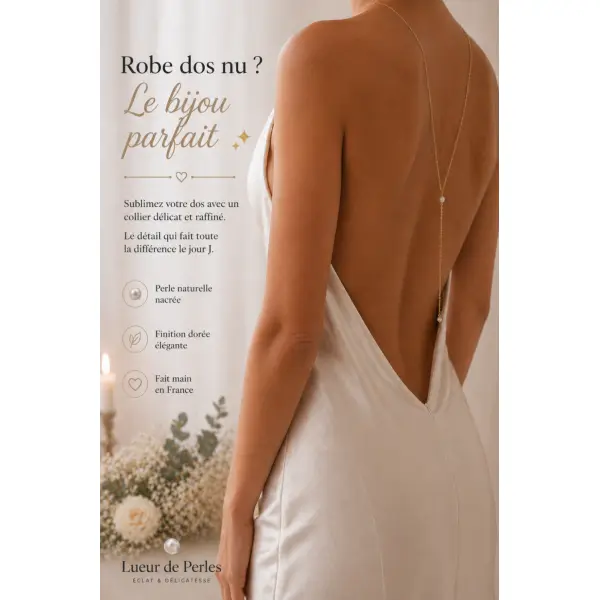 Collier de dos mariée double y doré avec perle – bijou mariage élégant – élysianne robe dos nu-acier inoxydable
