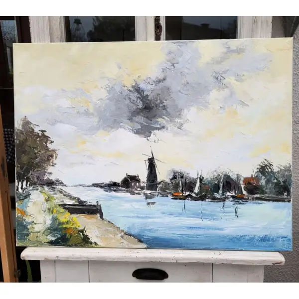 Peinture figurative - paysage moulin hollande- huile au couteau sur toile de lin sur châssis : "univers de silence"